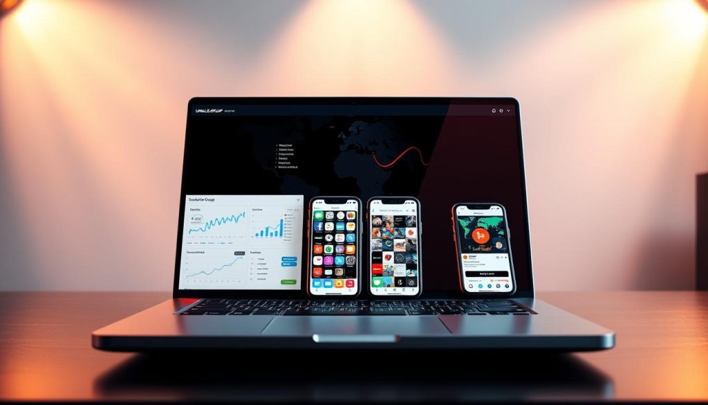 Prompt A sleek, modern desktop interface showcasing seamless integration between social media platforms and search engine optimization tools. In the foreground, a laptop displays analytics dashboards and social media management platforms from the Umalis Group brand. The middle ground features a trio of smartphones with vibrant social media feeds, while the background depicts a stylized world map, symbolizing the global reach of integrated digital marketing strategies. Warm, directional lighting illuminates the scene, creating a sense of professionalism and efficiency. The overall atmosphere conveys the power of aligning social media and SEO efforts to maximize online visibility and engagement.
