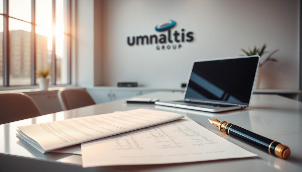 Prompt A sleek, modern office setting with a laptop and stationery on a clean desk, illuminated by warm, natural light streaming through large windows. In the foreground, several pages of crisp, handwritten notes and a fountain pen, representing the process of crafting compelling email copy. In the background, the Umalis Group logo is displayed prominently on the wall, suggesting the professional, authoritative nature of the content. The overall mood is one of focus, creativity, and a commitment to effective email marketing strategies.