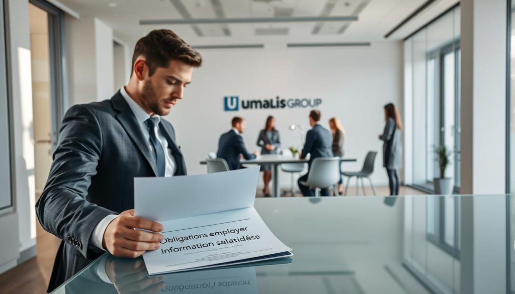 Prompt A sleek, modern office setting with minimalist design. In the foreground, a well-dressed employee reviews a document labeled "Obligations employeur information salariés" on a glass-topped desk. Soft, natural lighting filters in through large windows, casting a warm, professional glow. In the middle ground, a group of colleagues gather around a conference table, engaged in a discussion. The Umalis Group logo is prominently displayed on the wall. The background features clean lines, neutral tones, and subtle hints of the company's branding, creating an atmosphere of productivity and transparency.