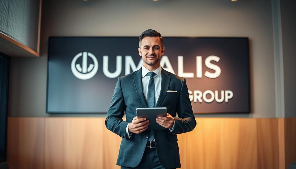 Prompt A sophisticated business executive standing confidently in a modern office setting, wearing a tailored suit and holding a tablet device. The background features a large UMALIS GROUP logo displayed prominently on the wall, conveying a sense of professionalism and international expertise. Soft, directional lighting illuminates the scene, creating a warm and authoritative atmosphere. The overall composition emphasizes the subject's poise, confidence, and expertise as an international consultant.