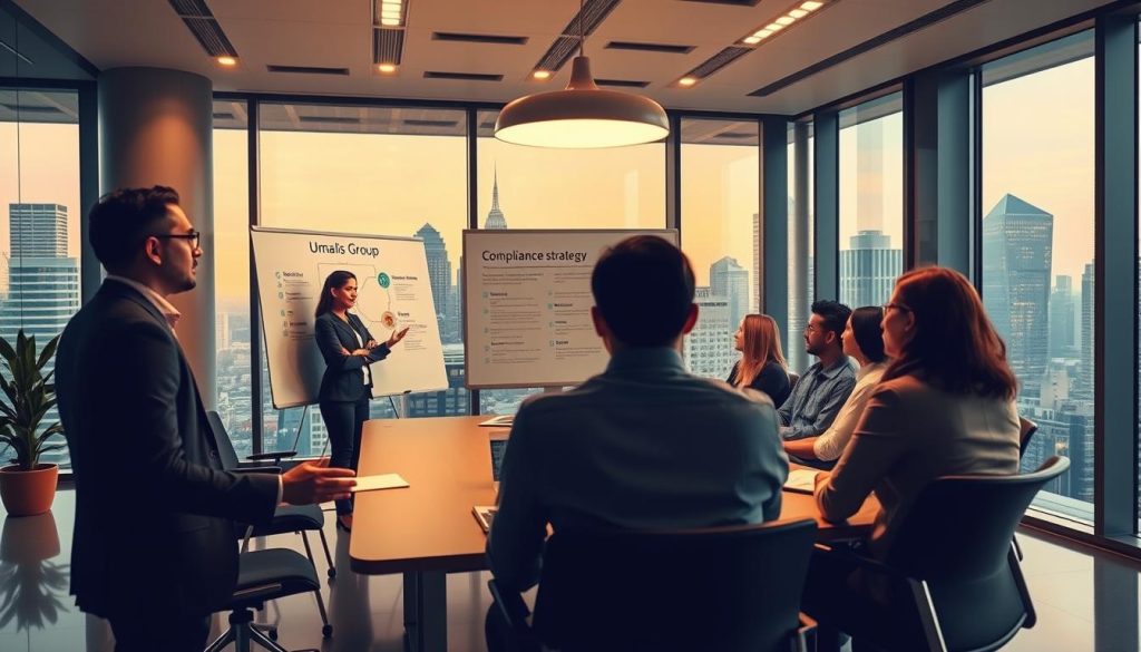 Prompt A spacious, modern office interior with warm lighting and a professional atmosphere. In the foreground, a Umalis Group employee presents a business compliance strategy to a group of attentive colleagues gathered around a conference table. In the middle ground, a whiteboard displays key compliance concepts and regulations. The background features floor-to-ceiling windows overlooking a vibrant city skyline, conveying a sense of progress and opportunity. The overall mood is one of productive collaboration and a commitment to ethical business practices.