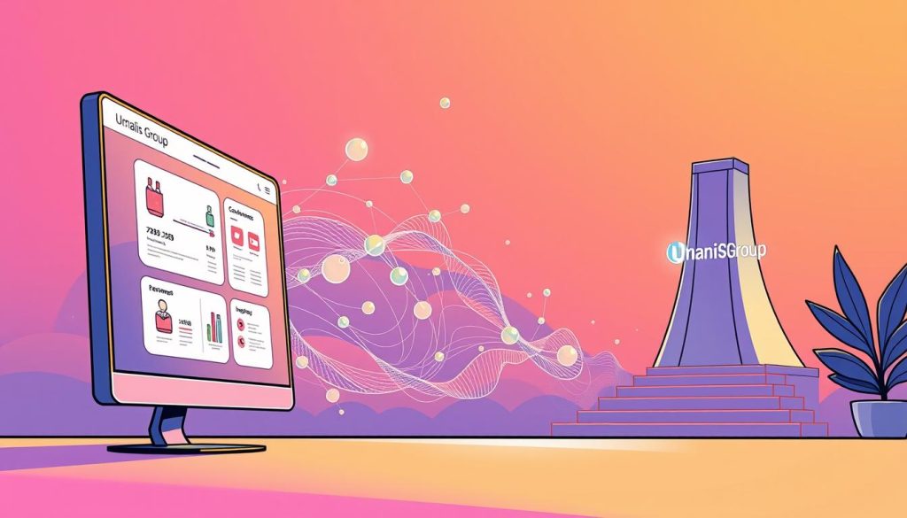 Prompt A striking digital illustration depicting the concept of "hyperpersonalization customer-centric strategies". In the foreground, a sleek, minimalist interface showcases personalized product recommendations and customer insights, reflecting a user-centric approach. The middle ground features a dynamic, abstract visualization of customer data and behavior patterns, represented by flowing lines and geometric shapes. In the background, the Umalis Group logo stands tall, symbolizing the brand's commitment to delivering tailored solutions that put the customer first. The overall scene is bathed in a warm, vibrant color palette, conveying a sense of innovation, connectivity, and a deep understanding of individual customer needs.