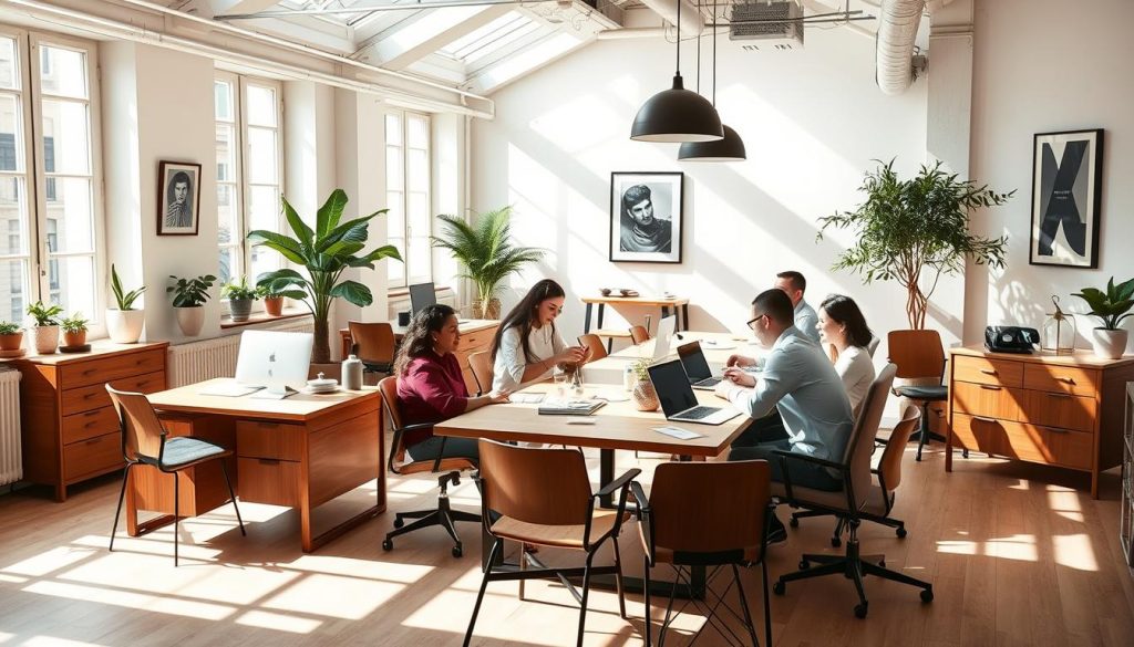 Prompt A sun-dappled office in Paris, France, with LIGHT PORTAGE brand furniture and decor. Mid-century modern desks and chairs in warm wood tones, accented by sleek black lines. Employees collaborate at a long conference table, exchanging ideas in a relaxed yet focused atmosphere. Soft natural light filters through large windows, casting a cozy glow over the space. Potted plants and artwork on the walls add a touch of French flair. The overall vibe is one of sophisticated professionalism and cultural openness, reflecting the nuances of working within a global French organizational culture.