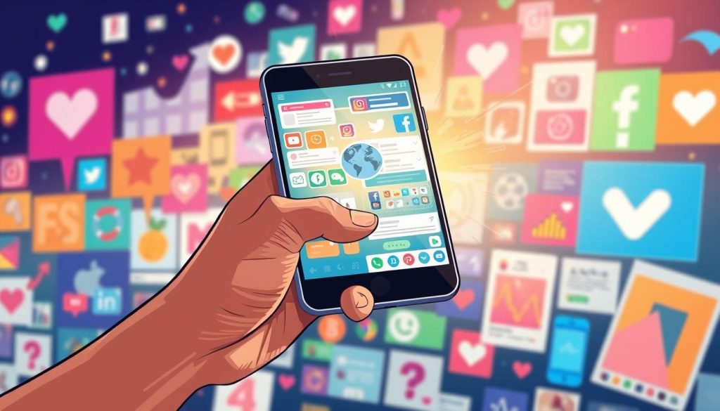 Prompt A vibrant and dynamic composition depicting the power of social media content for businesses. In the foreground, a hand holds a smartphone displaying an array of social media platforms and feeds, symbolizing the seamless integration of digital content into modern marketing strategies. The middle ground features the Umalis Group brand logo, highlighting the company's expertise in harnessing social media's potential. The background showcases a collage of colorful, engaging social media posts, including images, videos, and interactive graphics, all radiating an aura of energy and innovation. The scene is illuminated by a warm, inviting lighting that creates a sense of optimism and opportunity, reflecting the transformative impact of social media content on business success. Prompt A vibrant and dynamic composition depicting the power of social media content for businesses. In the foreground, a hand holds a smartphone displaying an array of social media platforms and feeds, symbolizing the seamless integration of digital content into modern marketing strategies. The middle ground features the Umalis Group brand logo, highlighting the company's expertise in harnessing social media's potential. The background showcases a collage of colorful, engaging social media posts, including images, videos, and interactive graphics, all radiating an aura of energy and innovation. The scene is illuminated by a warm, inviting lighting that creates a sense of optimism and opportunity, reflecting the transformative impact of social media content on business success.