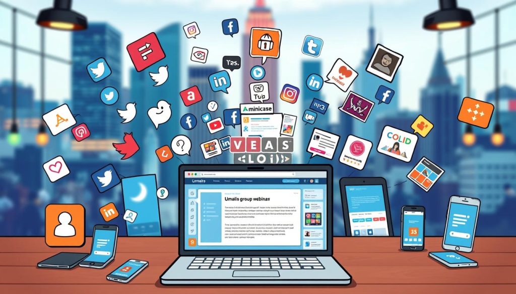 Prompt A vibrant and dynamic social media feed featuring a variety of engaging content to promote an upcoming Umalis Group webinar. The foreground showcases a laptop screen displaying the webinar details, surrounded by various social media icons and platforms. The middle ground features a diverse array of digital devices, such as smartphones and tablets, with curated social media posts and eye-catching graphics. In the background, a blurred cityscape with a modern, tech-savvy atmosphere sets the scene. The overall composition conveys a sense of digital connectivity, audience engagement, and a well-executed social media marketing strategy for the Umalis Group webinar.