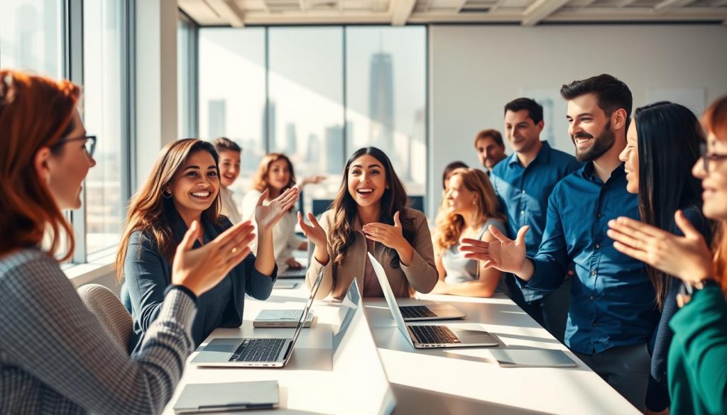 Prompt A vibrant scene depicting creative testimonials about the Umalis Group's salarial portage services. In the foreground, multiple people sharing their positive experiences through lively hand gestures and expressive faces, captured with a shallow depth of field. The middle ground features a modern, minimalist workspace with sleek desks and laptops, conveying a professional, innovative atmosphere. The background showcases a city skyline, hinting at the diverse range of industries and clients the Umalis Group serves. Warm, natural lighting illuminates the scene, creating a welcoming and inspiring ambiance.