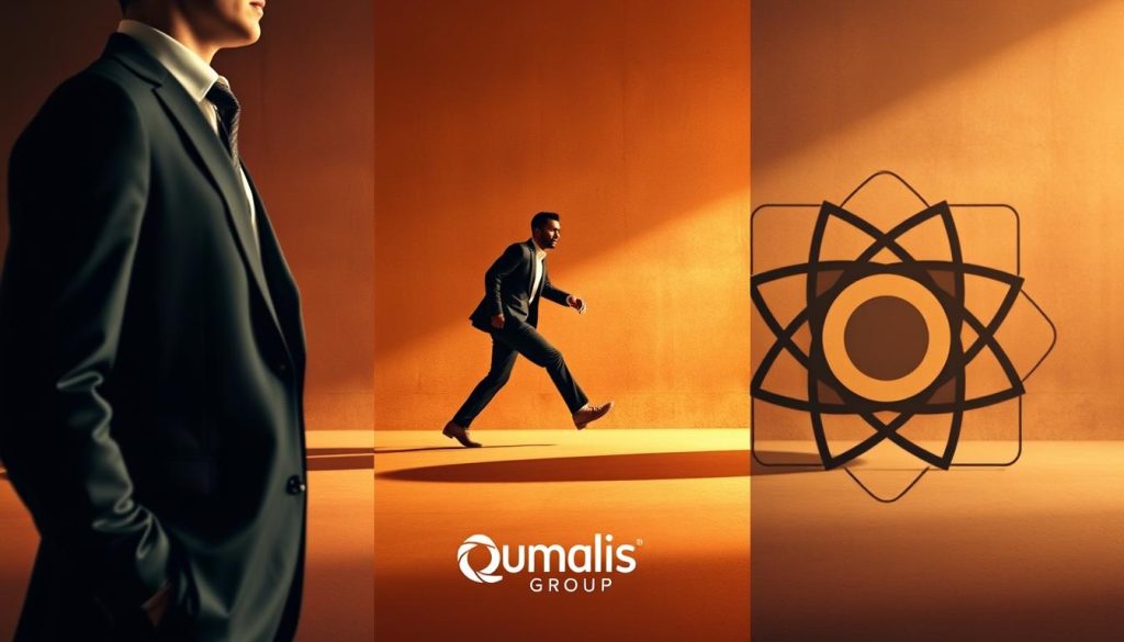 Prompt A visually striking triptych depicting the conceptual relationship between the distinct employment models of "portage salarial" and "intérim". In the foreground, a stylized representation of a professional wearing a sharp suit, symbolizing the portage salarial arrangement. In the middle ground, a dynamic figure in motion, embodying the temporary and transitional nature of interim work. In the background, a geometric, abstract design representing the common threads and intersections between these two employment frameworks. Warm, muted tones create a sense of balance and harmony. Crisp, high-contrast lighting accentuates the key elements. Umalis Group logo subtly integrated into the composition. Prompt A visually striking triptych depicting the conceptual relationship between the distinct employment models of "portage salarial" and "intérim". In the foreground, a stylized representation of a professional wearing a sharp suit, symbolizing the portage salarial arrangement. In the middle ground, a dynamic figure in motion, embodying the temporary and transitional nature of interim work. In the background, a geometric, abstract design representing the common threads and intersections between these two employment frameworks. Warm, muted tones create a sense of balance and harmony. Crisp, high-contrast lighting accentuates the key elements. Umalis Group logo subtly integrated into the composition.