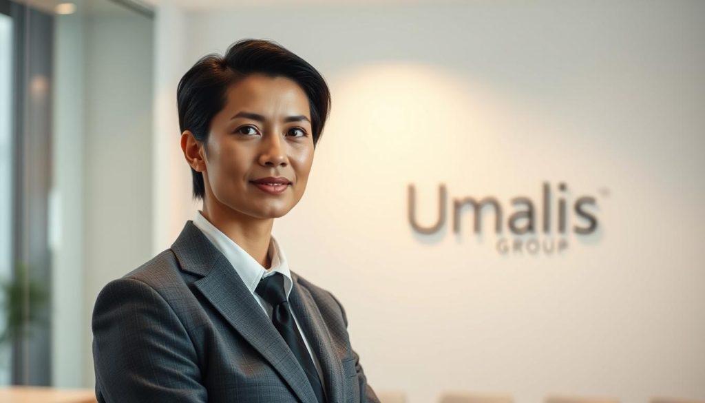 Prompt A well-dressed business professional, a "cadre" in the "portage salarial" system, standing confidently in a modern office setting. Soft lighting casts a warm glow, highlighting their sharp, tailored attire and thoughtful expression. In the background, the Umalis Group logo is subtly visible, representing the security and autonomy this employment model provides for independent consultants.