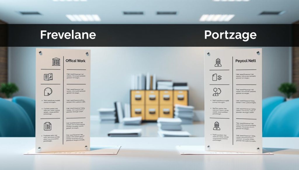 Prompt A well-lit, meticulously detailed comparison between the legal and administrative frameworks of freelance work and payroll portage. In the foreground, two parallel columns juxtapose the key differences, with precise icons and minimalist labeling. The middle ground showcases a perspective view of official documents, contracts, and filing cabinets, conveying the bureaucratic complexity. The background subtly fades into a soft, professional office setting, emphasizing the serious, analytical tone. The overall image strikes a balance between an information-rich, technical diagram and a visually striking, conceptual illustration suitable for an authoritative business publication.
