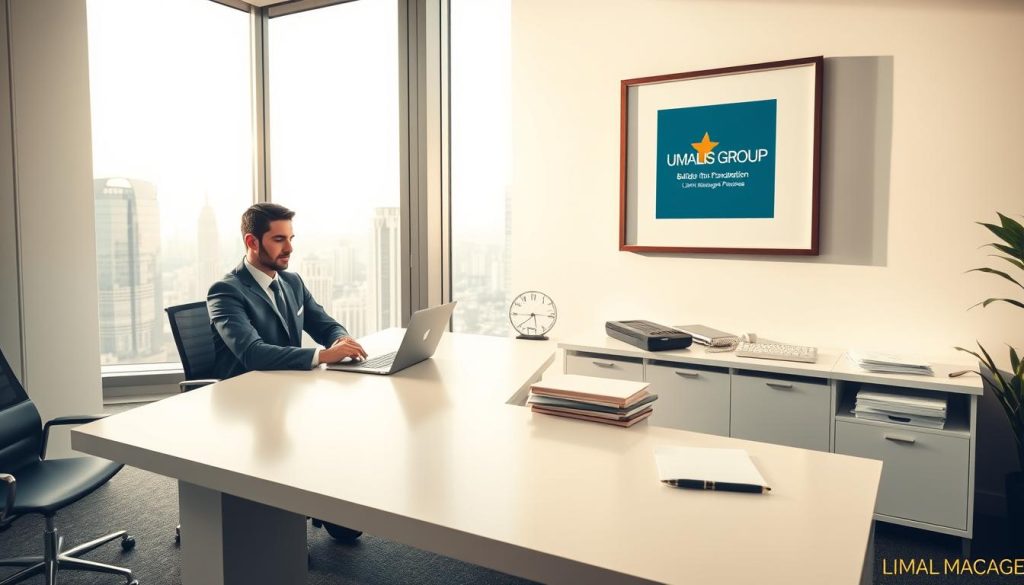 Prompt A well-lit, modern office setting featuring a sleek, minimalist desk with a laptop, pen, and notepad. In the foreground, a professional-looking person, dressed in business attire, sits at the desk, engrossed in work, representing the "client management" concept. The middle ground showcases an array of client files, communication devices, and a framed artwork bearing the Umalis Group logo, emphasizing the importance of client relationships. The background depicts a large window overlooking a bustling city skyline, conveying a sense of productivity and progress. The overall scene exudes a calm, focused atmosphere, reflecting the "Building the Foundation: Client Management Principles" theme.