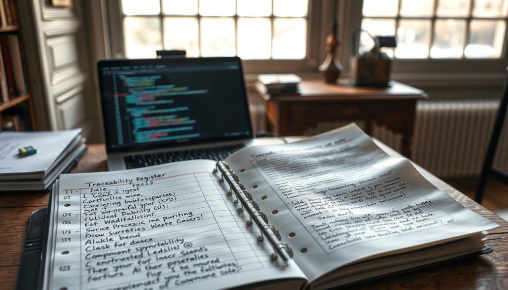 Registre de traçabilité ouvert à côté d’une note de synthèse Registre de traçabilité ouvert à côté d’une note de synthèse