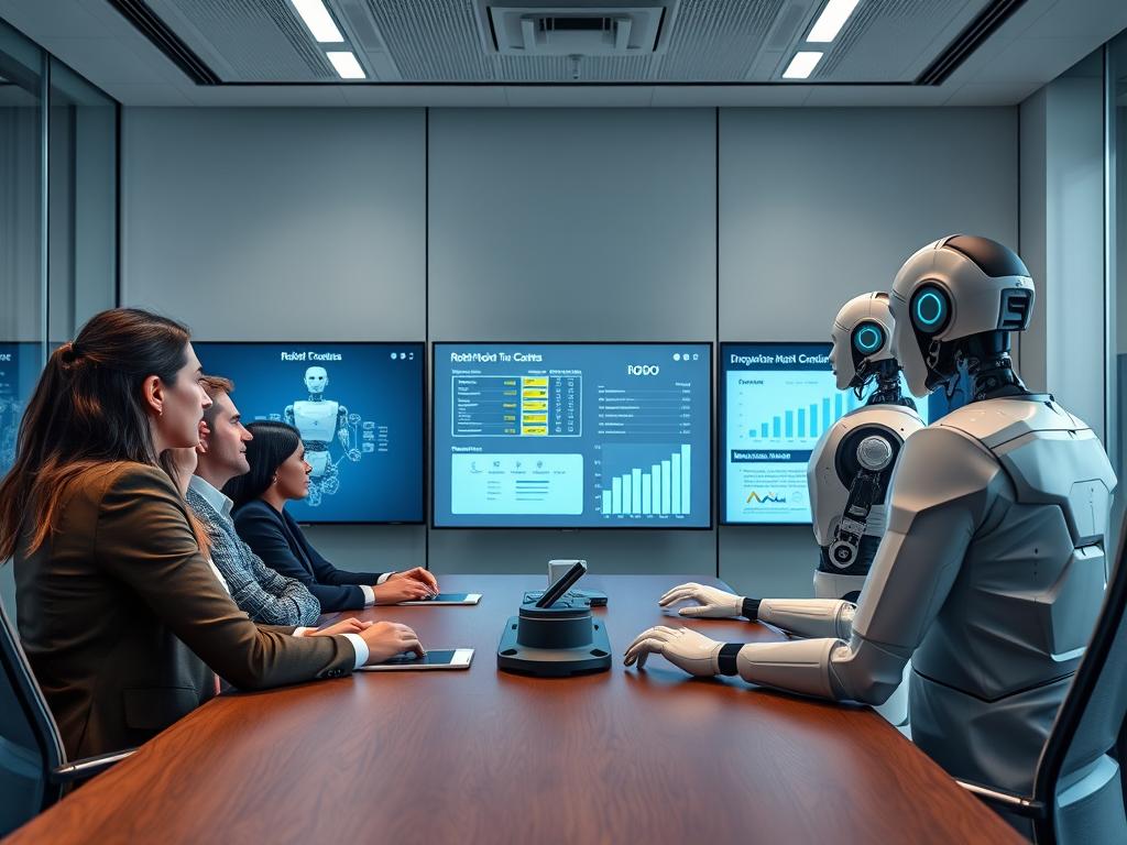Réunion stratégique d'entreprise discutant de l'intégration des robots humanoïdes dans leur chaîne de production