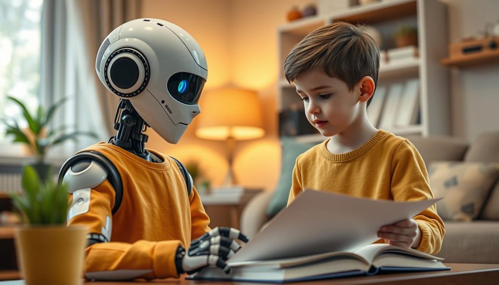 Robot humanoïde assistant un enfant dans ses devoirs, illustrant les nouvelles formes d'interaction sociale