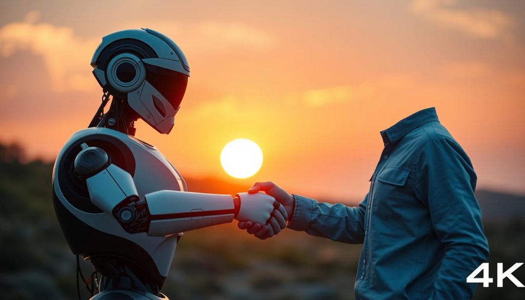 Robot humanoïde et humain se serrant la main, symbolisant un partenariat pour l'avenir
