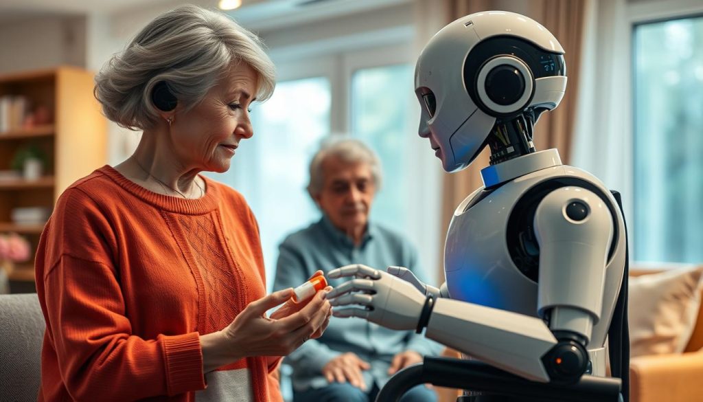 Robot humanoïde interagissant avec des personnes âgées dans une maison de retraite, illustrant les impacts sociaux de cette technologie