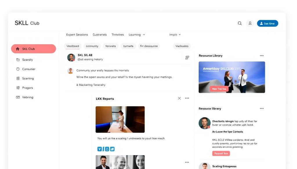 SKL Club scaling entrepreneurs platform interface showing expert sessions and community features