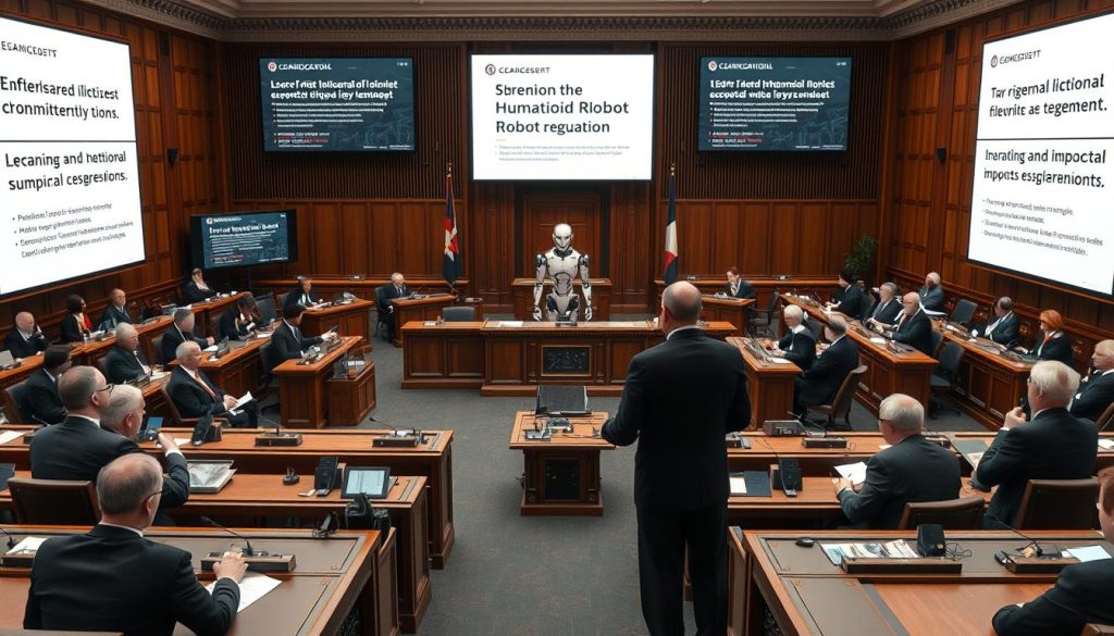 Session parlementaire discutant des politiques d'encadrement des robots humanoïdes et leurs impacts économiques et sociaux