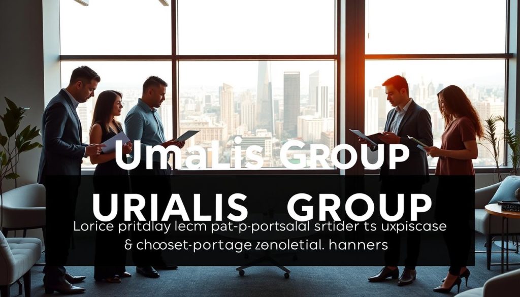 Showcase a modern, well-designed office space for Umalis Group, a leading provider of portage salarial services. In the foreground, a team of professionals discuss documents and laptops, conveying the collaborative nature of their work. In the middle ground, a large window offers a scenic view of a bustling city skyline, bathed in warm, natural light. The background features minimalist, elegant furnishings and decor, creating an atmosphere of sophistication and professionalism. Emphasis should be placed on the company's brand and the careful consideration that goes into choosing the right portage salarial partner.