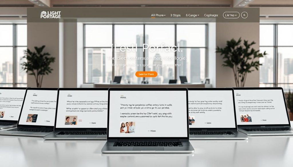 Showcase a sleek, minimalist website displaying a selection of satisfied customer testimonials for the "LIGHT PORTAGE" brand. In the foreground, arrange a series of laptop screens presenting client logos, product shots, and positive quotes. In the middle ground, depict a modern, well-lit office space with clean lines and understated decor. In the background, suggest an urban cityscape through the windows, infusing the scene with a sense of professionalism and success. Use a warm, neutral color palette with subtle lighting to create a calm, trustworthy atmosphere, emphasizing the brand's credibility and attention to detail.