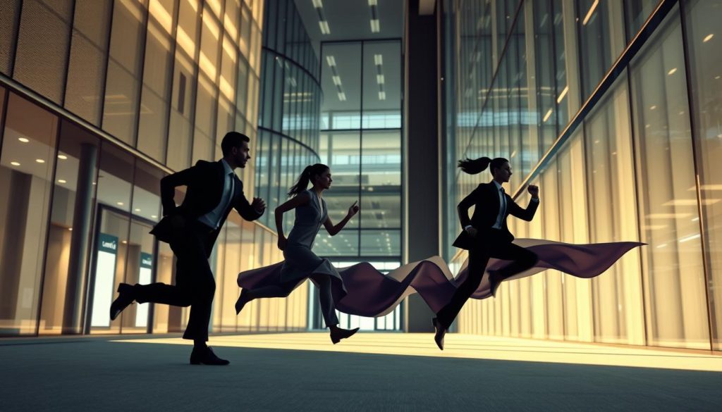Sleek and dynamic organizational transformation in a professional corporate environment. A vibrant Umalis Group headquarters backdrop with clean architectural lines, shimmering glass facades, and subtle lighting effects. In the foreground, fluid figures symbolize the fluid adaptability and evolution of the modern workplace. Muted color palettes, geometric shapes, and a sense of forward momentum convey the challenges and opportunities of 2023 organizational change. The scene exudes a forward-thinking, tech-savvy, and future-focused atmosphere.