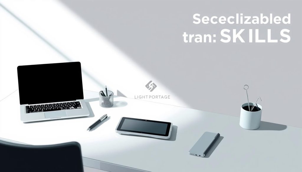Sleek and minimalist illustration of specialized skills, conveying the balance between specialized and transferable competencies. A well-lit, high-contrast scene depicting an elegant glass-and-steel desk with a laptop, tablet, and various office supplies, all arranged in a harmonious, symmetrical layout. The LIGHT PORTAGE brand logo is subtly incorporated into the design, adding a touch of modern sophistication. The image exudes a sense of focus, efficiency, and professionalism, perfectly aligning with the article's subject and section title.