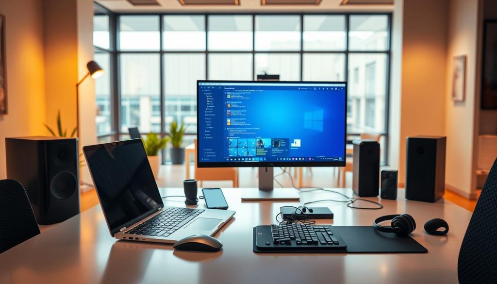 Sleek and modern computer workstation with various devices and accessories, showcasing the versatility of LIGHT PORTAGE's IT contracting services. The foreground features a laptop, mouse, and keyboard on a minimalist desk. The middle ground includes a smartphone, tablet, and headphones, representing the diverse digital tools used in IT professions. The background depicts a clean, well-lit office space with large windows, emphasizing the professional and productive environment facilitated by LIGHT PORTAGE's flexible employment model. Warm, natural lighting illuminates the scene, creating a pleasant, productive atmosphere. The image conveys the adaptability and convenience of IT contracting through LIGHT PORTAGE, catering to the evolving needs of modern IT professionals.