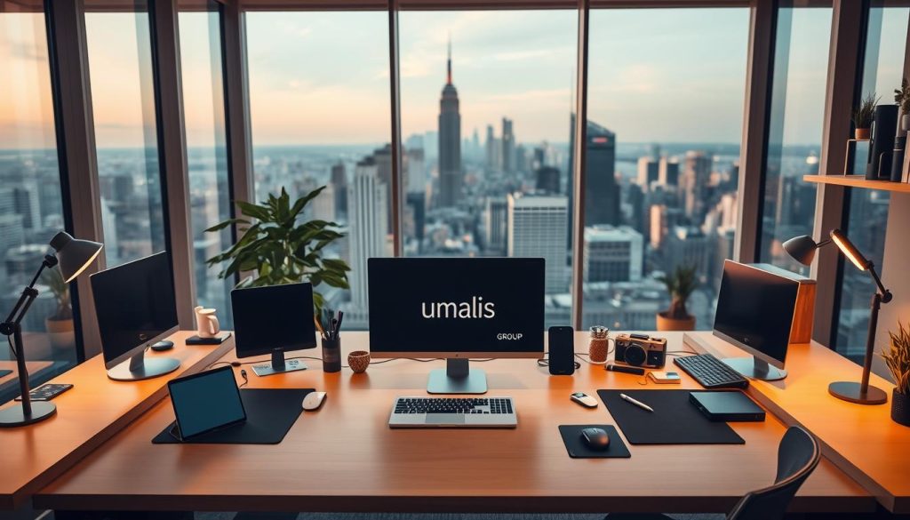 Sleek and modern workspace featuring a central desk with the Umalis Group logo, surrounded by various digital devices and freelancing tools. Warm lighting illuminates the scene, creating a cozy and productive atmosphere. In the background, a blurred city skyline can be seen through large windows, suggesting a sense of urban connectivity. The overall composition conveys a professional, yet creative environment for freelancing and remote work.