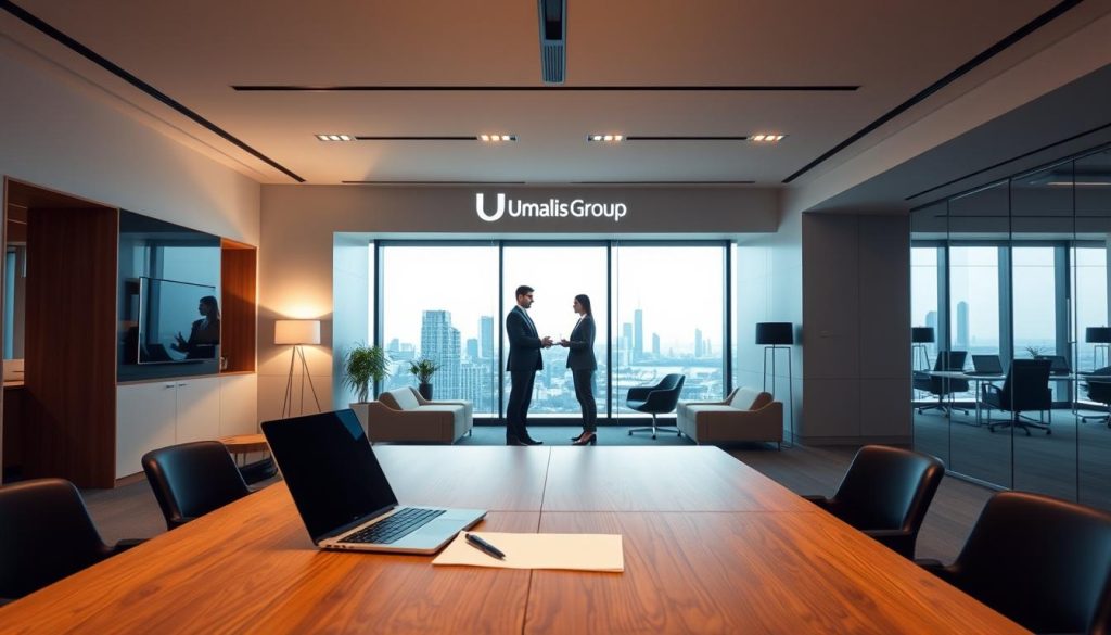 Sleek, modern office interior with minimalist furniture and clean lines. In the foreground, a large wooden desk with a laptop, pen, and papers. Behind it, a large window overlooking a cityscape. The middle ground features two well-dressed professionals engaged in a discussion, with the Umalis Group logo prominently displayed on the wall. The lighting is soft and natural, creating a professional and collaborative atmosphere. The background showcases additional office spaces, suggesting a bustling, forward-thinking workplace focused on strategic business transitions and management consulting. Sleek, modern office interior with minimalist furniture and clean lines. In the foreground, a large wooden desk with a laptop, pen, and papers. Behind it, a large window overlooking a cityscape. The middle ground features two well-dressed professionals engaged in a discussion, with the Umalis Group logo prominently displayed on the wall. The lighting is soft and natural, creating a professional and collaborative atmosphere. The background showcases additional office spaces, suggesting a bustling, forward-thinking workplace focused on strategic business transitions and management consulting.