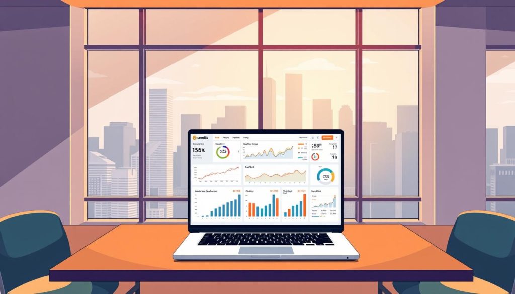 Sleek modern office with a large window overlooking a cityscape. On the desk, a laptop displays a dashboard of advertising analytics metrics, graphs, and charts in a minimalist interface. The Umalis Group logo is subtly incorporated into the design. Warm, directional lighting highlights the data visualizations, creating a sense of focus and professionalism. The composition emphasizes the importance of data-driven decision making for optimizing paid advertising campaigns. Sleek modern office with a large window overlooking a cityscape. On the desk, a laptop displays a dashboard of advertising analytics metrics, graphs, and charts in a minimalist interface. The Umalis Group logo is subtly incorporated into the design. Warm, directional lighting highlights the data visualizations, creating a sense of focus and professionalism. The composition emphasizes the importance of data-driven decision making for optimizing paid advertising campaigns.