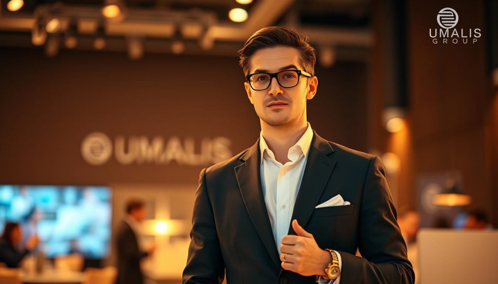 Sophisticated business person in a professional event setting, standing confidently with an air of expertise. Elegant suit, subtly stylish accessories, and an assured posture. Warm, soft lighting illuminates the scene, casting gentle shadows that accentuate the subject's features. The background is blurred, highlighting the individual and creating a sense of focus. The overall atmosphere conveys the advantages of "portage salarial" in the eventful world of business, represented by the Umalis Group brand.