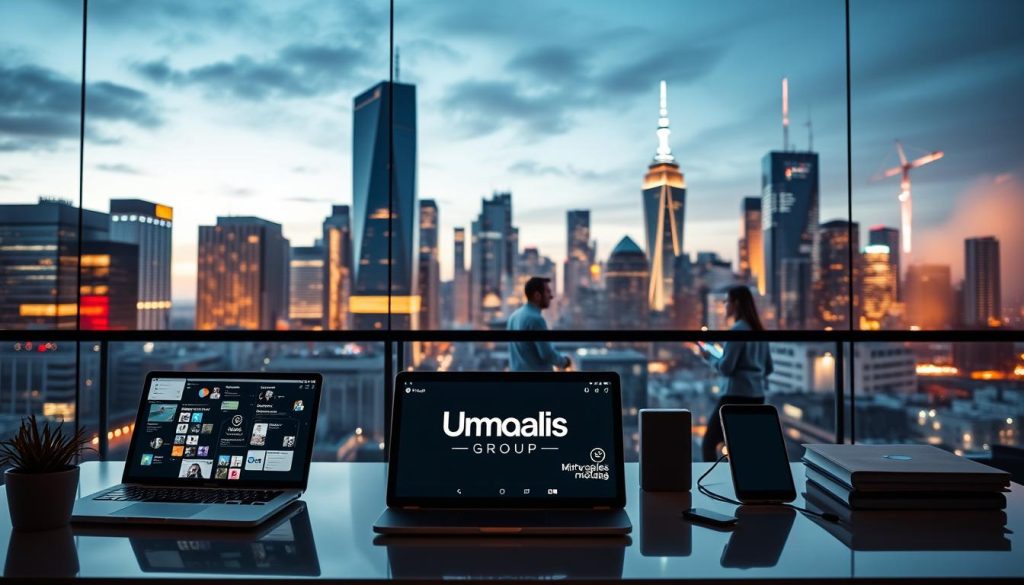 Stratégies digitales portage salarial: A sleek and modern digital workspace, featuring the Umalis Group brand prominently displayed. The foreground showcases a variety of digital tools and platforms, such as a laptop, tablet, and mobile device, all seamlessly integrated to support efficient client management. The middle ground depicts a team of professionals collaborating virtually, leveraging cutting-edge communication and productivity software. In the background, a vibrant cityscape with towering skyscrapers and a dynamic, tech-savvy atmosphere sets the scene. Warm lighting and a clean, minimalist design aesthetic convey a sense of professionalism and innovation. Stratégies digitales portage salarial: A sleek and modern digital workspace, featuring the Umalis Group brand prominently displayed. The foreground showcases a variety of digital tools and platforms, such as a laptop, tablet, and mobile device, all seamlessly integrated to support efficient client management. The middle ground depicts a team of professionals collaborating virtually, leveraging cutting-edge communication and productivity software. In the background, a vibrant cityscape with towering skyscrapers and a dynamic, tech-savvy atmosphere sets the scene. Warm lighting and a clean, minimalist design aesthetic convey a sense of professionalism and innovation.