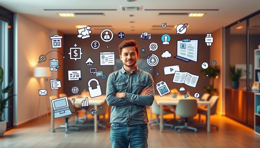 Stratégies portage salarial: A dynamic and vibrant scene showcasing the Umalis Group's solutions for young professionals. In the foreground, a young person stands confidently, surrounded by a collage of icons and symbols representing the flexibility, security, and tailored support of the Umalis Group's portage salarial offerings. The middle ground features a seamless integration of digital devices, paperwork, and collaborative workspace, conveying the modern, tech-savvy nature of the Umalis Group's approach. The background is a sleek, minimalist office setting, bathed in warm, professional lighting that creates a sense of sophistication and success. The overall atmosphere exudes a balance of youthful energy, strategic planning, and the Umalis Group's expertise in guiding young professionals towards their career goals.