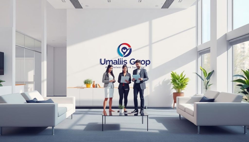 Striking administrative services illustration showcasing the Umalis Group's comprehensive support. A modern, well-appointed office interior with sleek furniture, minimalist decor, and abundant natural light streaming through large windows. At the center, a team of professional, attentive staff members collaborating on laptops and documents, representing the group's administrative expertise. The background features the Umalis Group's logo displayed prominently, conveying their trusted brand identity. Overall, a polished, efficient, and service-oriented scene capturing the essence of the Umalis Group's administrative services.