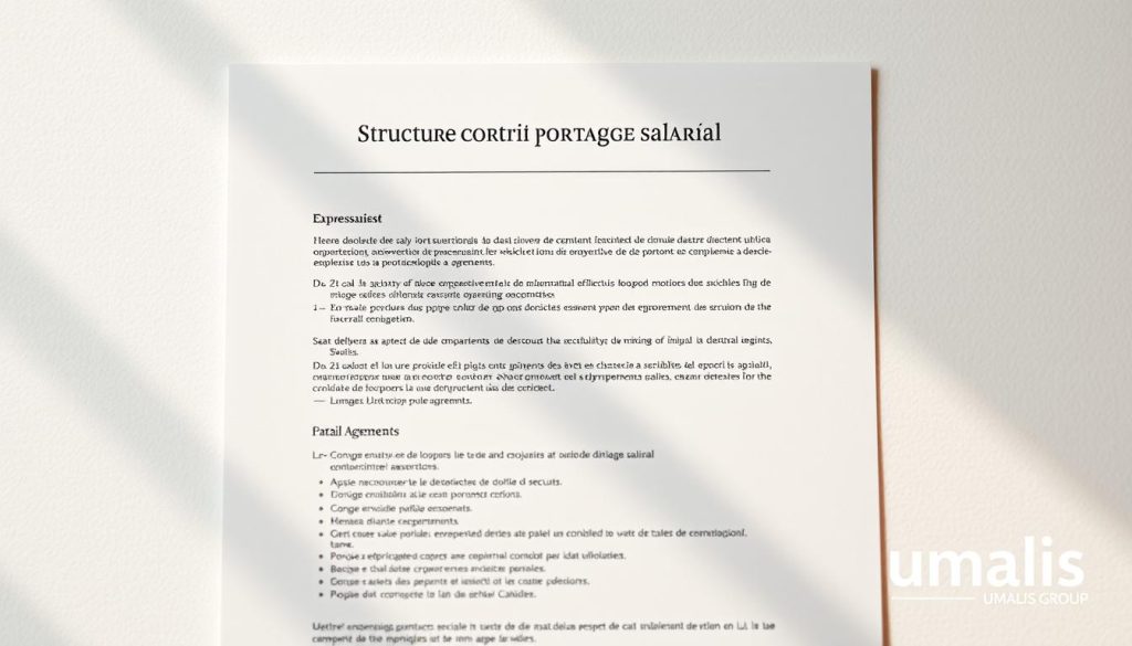 Structure contrat portage salarial, an elegant contract document rendered in a clean, professional style. A minimalist layout with balanced typography and strategic use of white space, set against a subtly textured background. The Umalis Group logo appears discreetly in the bottom right corner, conveying a sense of authority and expertise. Warm, indirect lighting casts soft shadows, creating depth and dimension. The overall impression is one of clarity, precision, and a commitment to transparent, well-organized employment agreements. Structure contrat portage salarial, an elegant contract document rendered in a clean, professional style. A minimalist layout with balanced typography and strategic use of white space, set against a subtly textured background. The Umalis Group logo appears discreetly in the bottom right corner, conveying a sense of authority and expertise. Warm, indirect lighting casts soft shadows, creating depth and dimension. The overall impression is one of clarity, precision, and a commitment to transparent, well-organized employment agreements.