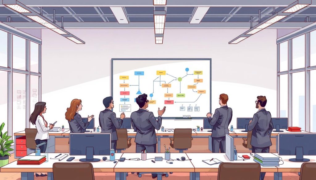 Structured workflow benefits: a well-lit office scene with a large whiteboard on the wall displaying a visually appealing workflow diagram using colored shapes and connecting lines. In the foreground, a group of professionals discussing the diagram, gesturing and taking notes. The middle ground features neatly organized desks, computers, and office supplies, conveying a sense of efficiency and productivity. The background has large windows letting in natural light, creating a bright and airy atmosphere. The overall mood is one of collaboration, organization, and the successful implementation of project management principles.