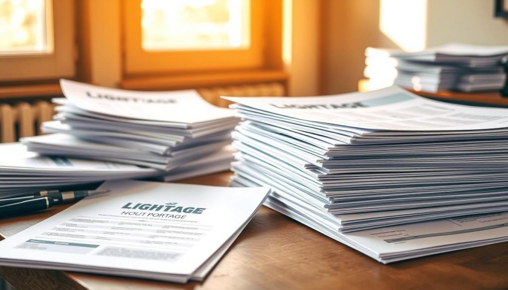 Stylized documents and paperwork, arranged in a stacked, organized manner on a wooden desk. The documents showcase the LIGHT PORTAGE brand, conveying a sense of professionalism and attention to detail. Warm, natural lighting from a window illuminates the scene, casting soft shadows and highlighting the textures of the documents. The overall atmosphere is one of efficiency, practicality, and attention to administrative tasks, reflecting the "Préparer sa déclaration : démarches et organisation" section of the article.