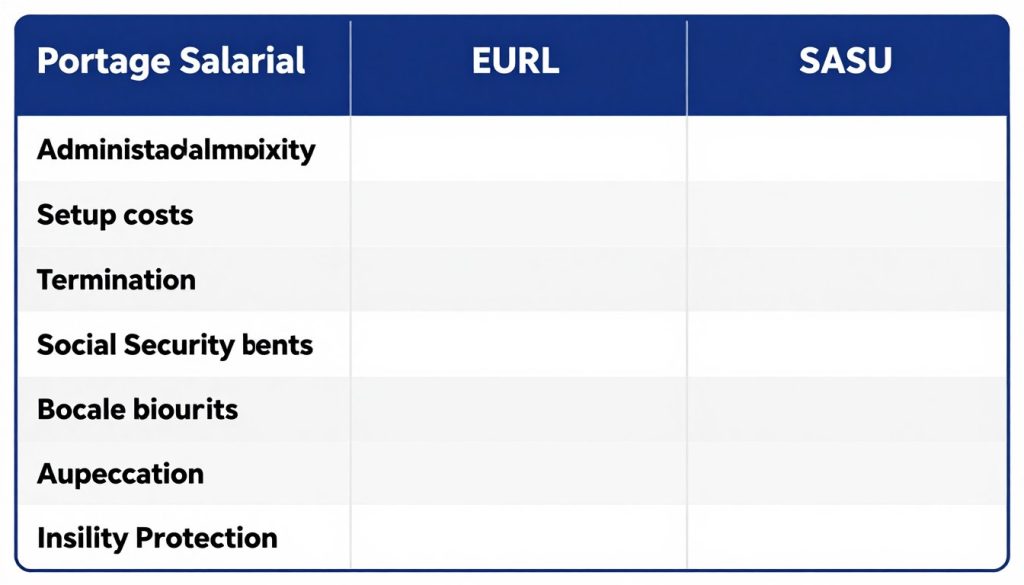 Tableau comparatif entre le portage salarial, l'EURL et la SASU montrant les différentes caractéristiques de chaque statut