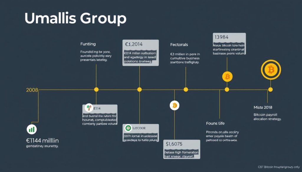 Timeline of Umalis Group's growth from 2008 to present, highlighting Bitcoin payroll allocation milestone