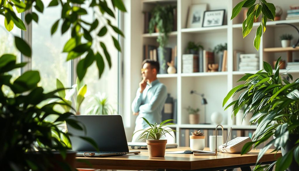 Tranquil oasis of balance, a harmonious scene where the Umalis Group's professional independence thrives. Soft natural light filters through lush foliage, casting a warm glow upon a serene workspace. In the foreground, a laptop and desk accessories nestle amidst potted plants, symbolizing the fusion of technology and nature. The middle ground reveals a contemplative figure, deep in thought, radiating a sense of equilibrium between economic performance and personal well-being. Towards the background, shelves filled with books and decorative elements create a cozy, inspiring ambiance. Elegant lines, muted colors, and a sense of order pervade the composition, inviting the viewer to pause and find their own inner balance.