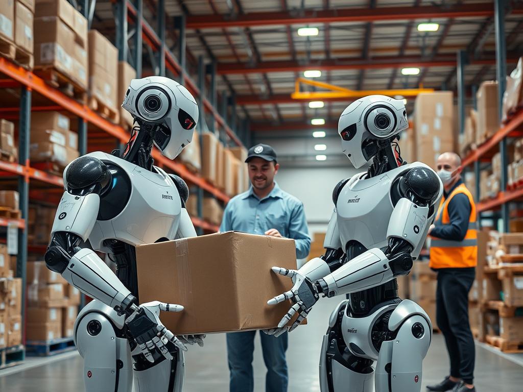 Travailleurs humains collaborant avec des robots humanoïdes dans un entrepôt logistique, illustrant la transformation du marché du travail