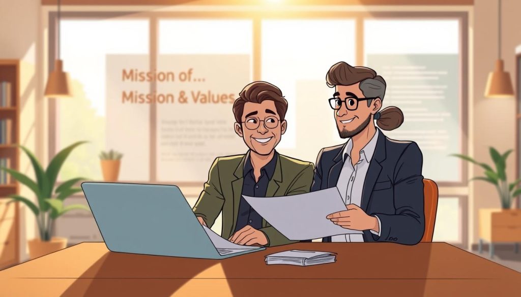 Two business partners in a warm, well-lit office space, sitting together at a wooden desk, intently discussing plans and ideas. Soft natural light filters through large windows, casting a gentle glow on their collaborative expressions. In the background, a wall display showcases their company's mission and values, emphasizing the alignment of their professional goals. The scene conveys a sense of trust, open communication, and a shared commitment to success.