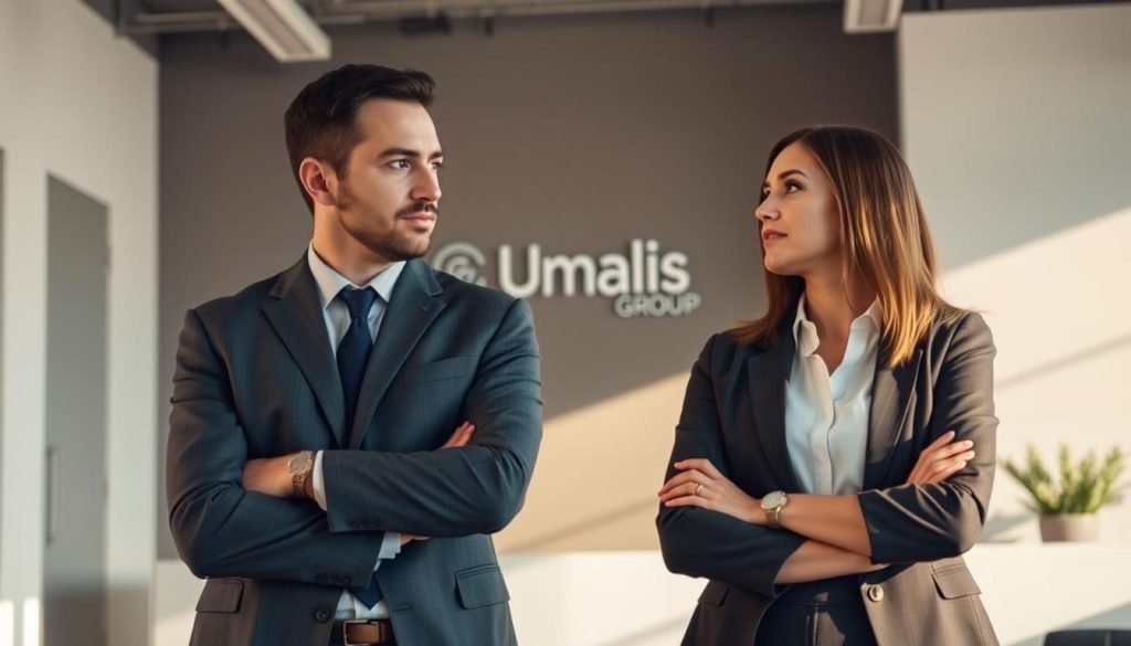 Two independent contractors, a man and a woman, standing in a professional office setting. The man is wearing a suit and the woman is wearing business casual attire. They are engaged in a thoughtful discussion, with serious expressions on their faces, conveying the critical differences between independent contractor and employee status. The lighting is soft and natural, with warm tones. The background is a modern, minimalist office space with clean lines and neutral colors, emphasizing the professional environment. The Umalis Group logo is subtly displayed on a wall or desk.