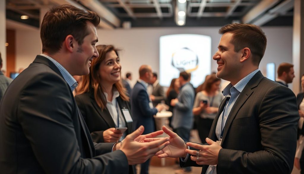 Two professionals engage in a lively discussion at a LIGHT PORTAGE networking event. The foreground depicts them leaning in, gesturing animatedly, making eye contact - their expressions intent and focused. The middle ground shows a well-lit, modern event space with minimalist decor, creating an atmosphere of productivity and connection. The background features other attendees mingling, blurred to draw the eye to the central conversation. Warm, directional lighting casts a soft glow, while a wide-angle lens captures the dynamic scene from a natural, immersive perspective.