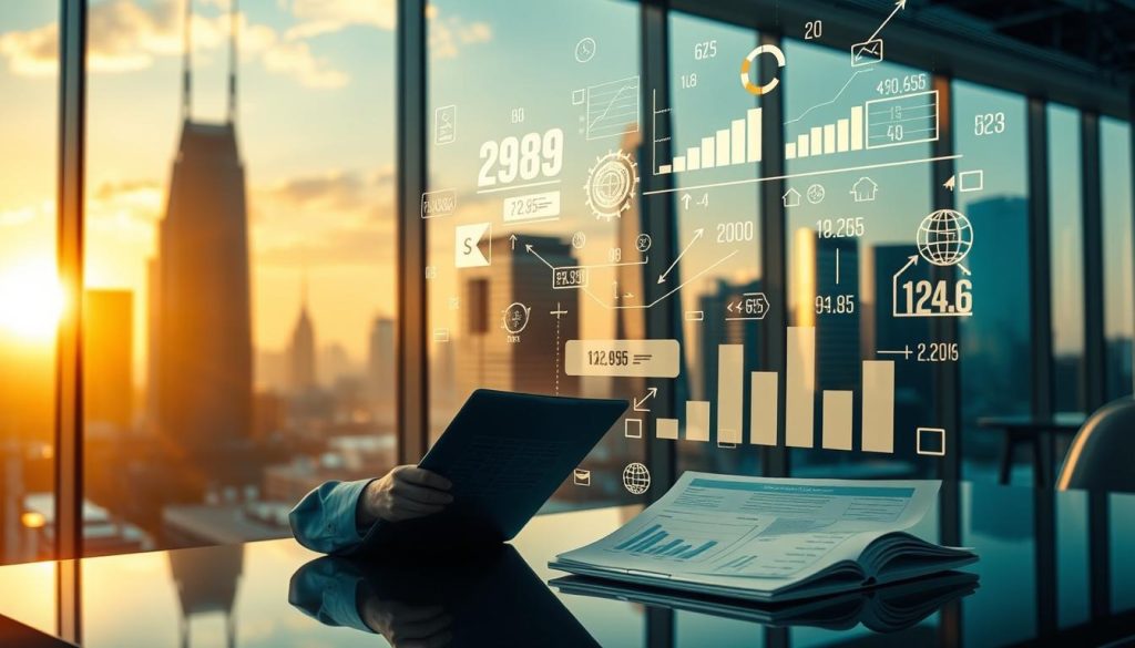 Umalis Group - A detailed, cinematic image showcasing the concept of "salaire portage salarial". In the foreground, a professional consultant in a sleek, modern office environment, reviewing financial documents and analyzing data on a laptop. The middle ground features a visual representation of salary calculations, with charts, graphs, and numeric values floating in the air. The background setting is a city skyline, with towering high-rises and a warm, golden sunset illuminating the scene, conveying a sense of prosperity and success. The lighting is soft and directional, creating depth and emphasizing the key elements. The overall composition is balanced and visually striking, capturing the essence of the "Rémunération, chiffre d'affaires et cotisations sociales: comment se calcule le salaire" section.
