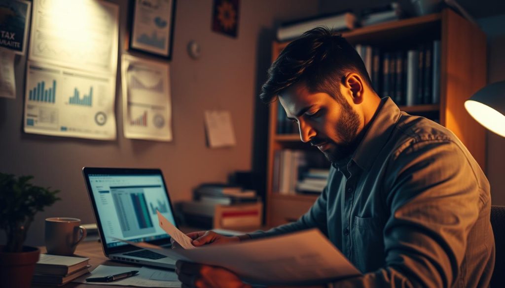 Umalis Group - A dimly lit home office, the walls adorned with financial documents and charts. In the foreground, a self-employed individual pores over tax forms and receipts, brow furrowed in concentration. The scene is bathed in a warm, focused light, conveying the intensity of the task at hand. In the middle ground, a laptop displays tax calculation software, while the background features a bookshelf filled with tax guides and legal references. The overall atmosphere is one of careful consideration and attention to detail, reflecting the importance of properly managing tax obligations for the self-employed.
