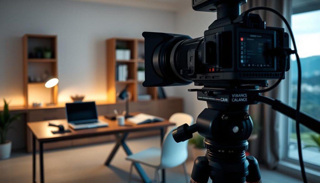 Umalis Group - A serene home office setup with professional video equipment and lighting. In the foreground, a high-end camera on a tripod, its lens capturing the mid-ground - a modern desk with a laptop, microphone, and various production tools. In the background, a softly lit bookshelf and a large window with a scenic view, conveying a sense of productivity and creativity. The overall mood is one of focus, expertise, and the benefits of professional video production.