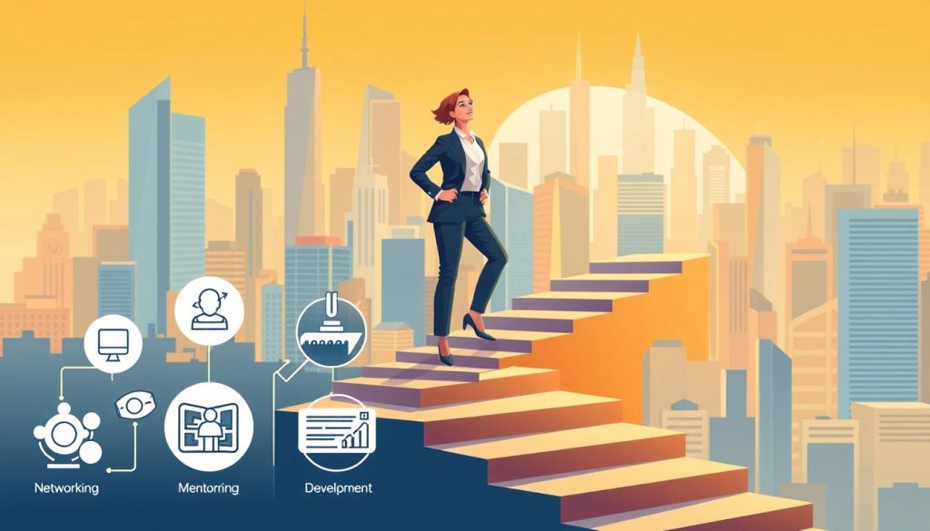 Umalis Group - A sophisticated and visually striking illustration depicting key brand building techniques for professional growth. The foreground showcases various strategies such as networking, mentorship, and skill development, each represented by carefully crafted icons. The middle ground features a rising career trajectory, with a confident professional ascending a staircase against a backdrop of a dynamic, vibrant cityscape. The background sets the scene with warm, natural lighting and a sense of momentum, conveying the energy and drive essential for brand building and career advancement.