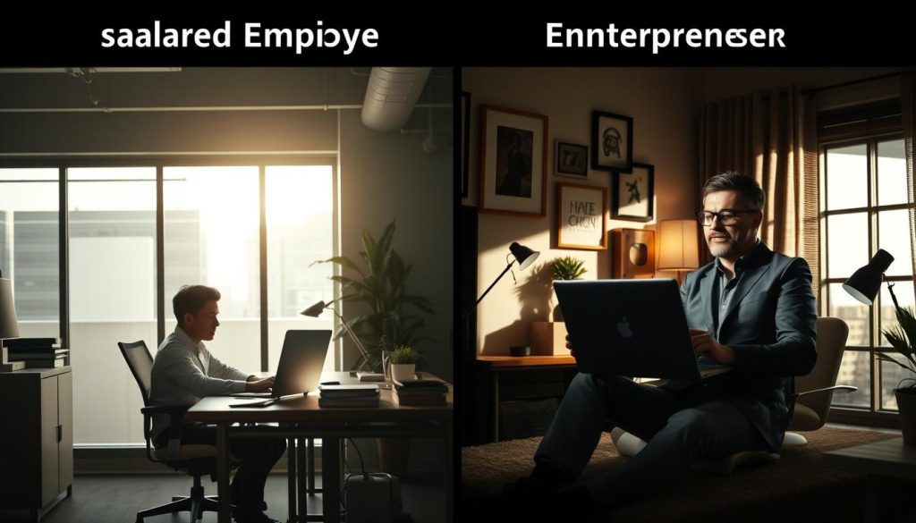 Umalis Group - Comparison of Salaried Employee and Entrepreneur: A striking side-by-side visual depicting the distinct lifestyles and workspaces of a salaried employee and an entrepreneur. In the left panel, a well-lit modern office space with a focused individual at a desk, surrounded by corporate accoutrements. In the right panel, a cozy home workspace with a confident entrepreneur, laptop open, surrounded by inspirational decor. Dramatic lighting casts dramatic shadows, emphasizing the contrast between the structured salaried role and the independent entrepreneurial path. The scene invites the viewer to contemplate the advantages and challenges of each professional journey. Umalis Group - Comparison of Salaried Employee and Entrepreneur: A striking side-by-side visual depicting the distinct lifestyles and workspaces of a salaried employee and an entrepreneur. In the left panel, a well-lit modern office space with a focused individual at a desk, surrounded by corporate accoutrements. In the right panel, a cozy home workspace with a confident entrepreneur, laptop open, surrounded by inspirational decor. Dramatic lighting casts dramatic shadows, emphasizing the contrast between the structured salaried role and the independent entrepreneurial path. The scene invites the viewer to contemplate the advantages and challenges of each professional journey.