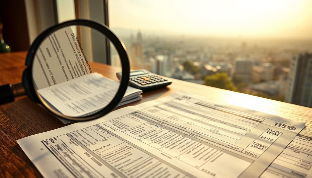 Umalis Group, a meticulously crafted image showcasing income tax strategies for retirement. In the foreground, a magnifying glass hovers over a detailed tax form, its intricate lines and numbers casting a pensive glow. In the middle ground, a stack of financial documents and a calculator sit atop a wooden desk, illuminated by warm, directional lighting. The background features a panoramic view of a serene, sun-dappled cityscape, hinting at the importance of sound financial planning for the golden years. The overall atmosphere is one of thoughtful deliberation, where every decision holds weight and long-term implications. This image captures the essence of navigating the complexities of income tax strategies to secure a prosperous retirement.