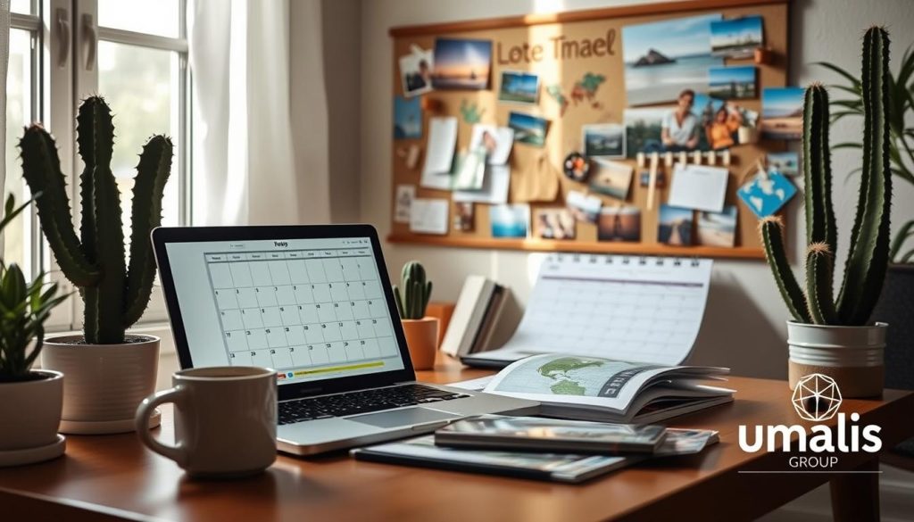 Vacation planning strategies: a cozy home office with a laptop, calendar, and travel brochures on the desk; a mug of coffee and a cactus plant providing a warm, relaxing atmosphere. In the background, a vision board with inspiring travel destinations and activities. Soft, natural lighting filters through the window, casting a serene glow. Umalis Group logo discreetly placed in the corner.